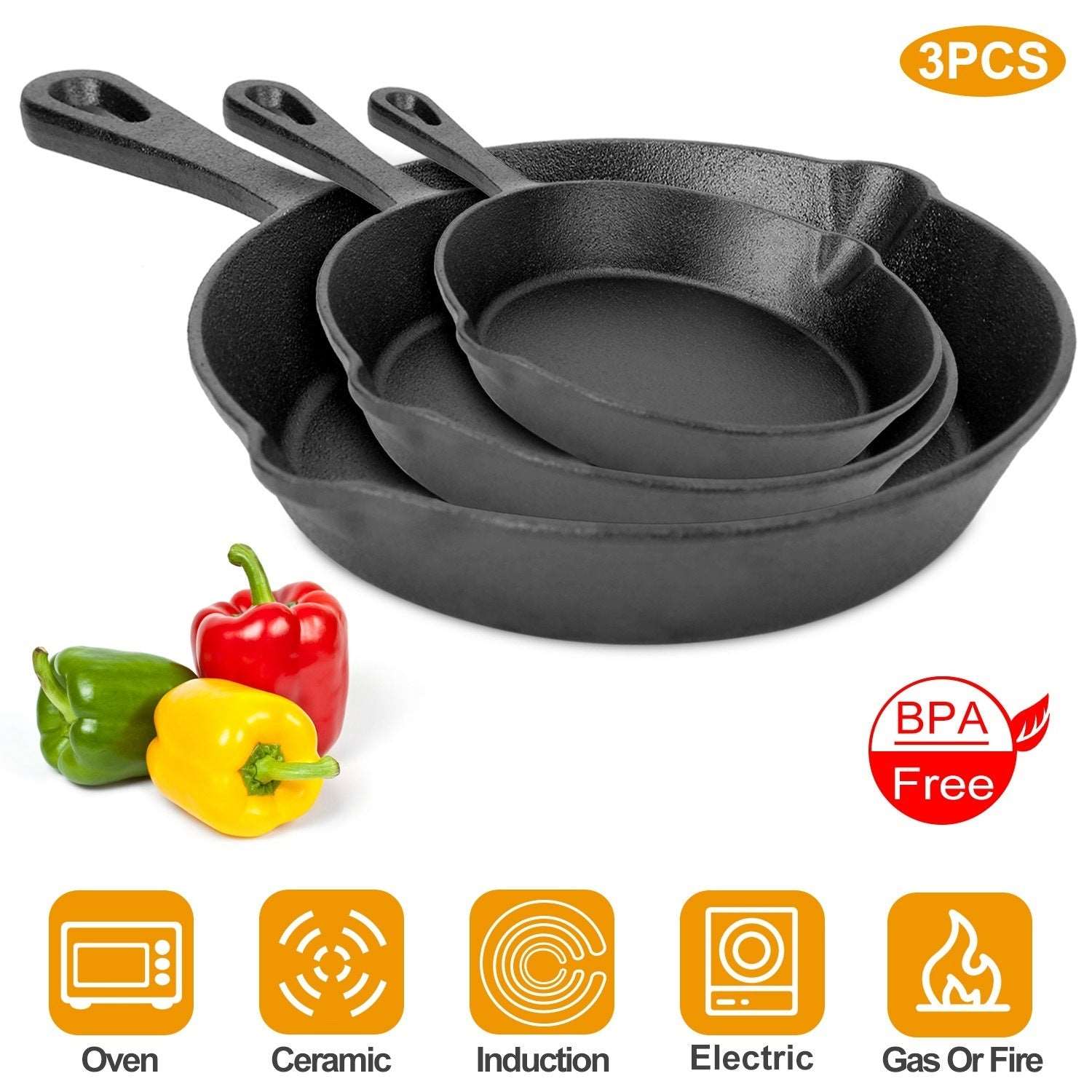 3Pcs Pre-Seasoned Cast Iron Skillet Set 6/8/10in Non-Stick Oven Safe Cookware Heat-Resistant Frying Pan Doba Black